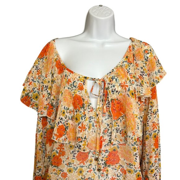 Intimately Free People Orange Floral Ruffle Bodysuit Blouse - Picture 3 of 7
